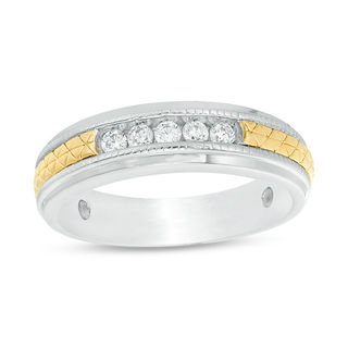 Men's 0.23 CT. T.W. Diamond Five Stone Anniversary Band in Sterling Silver and 14K Gold Plate - Size 10