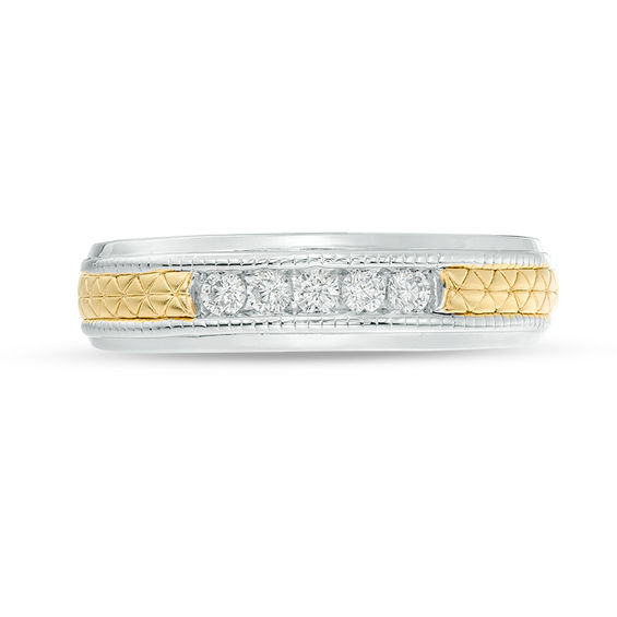 Men's 0.23 CT. T.W. Diamond Five Stone Anniversary Band in Sterling Silver and 14K Gold Plate - Size 10