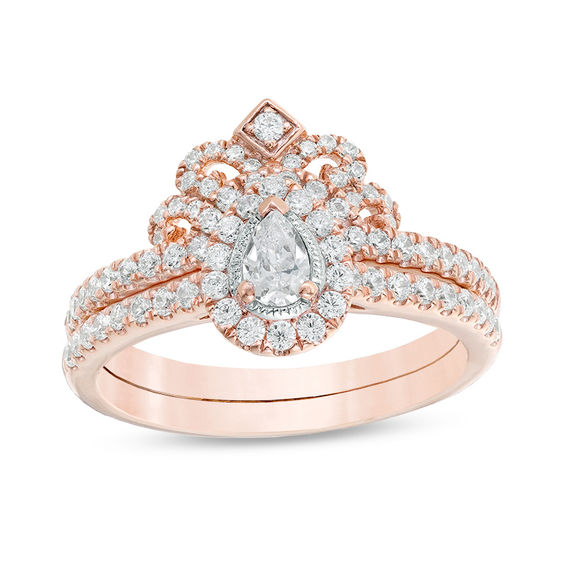 0.60 CT. T.W. Pear-Shaped Diamond Frame Tiara Vintage-Style Bridal Set in 10K Rose Gold