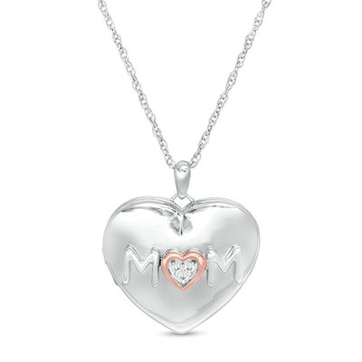 Diamond Accent "MOM" Heart Locket in Sterling Silver and 10K Rose Gold