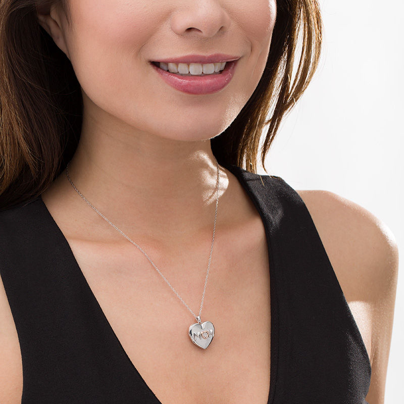 Diamond Accent "MOM" Heart Locket in Sterling Silver and 10K Rose Gold|Peoples Jewellers