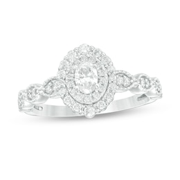 0.40 CT. T.W. Oval Diamond Double Frame Art Deco Vintage-Style Engagement Ring in 10K White Gold