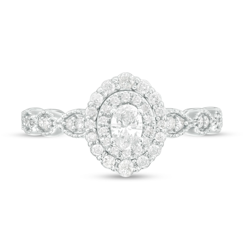 0.40 CT. T.W. Oval Diamond Double Frame Art Deco Vintage-Style Engagement Ring in 10K White Gold