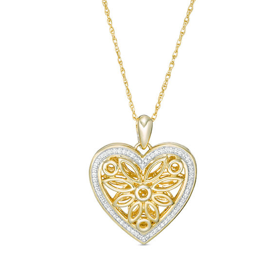 0.086 CT. T.W. Diamond Heart Outline Flower Locket in Sterling Silver with 14K Gold Plate