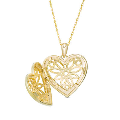 0.086 CT. T.W. Diamond Heart Outline Flower Locket in Sterling Silver with 14K Gold Plate