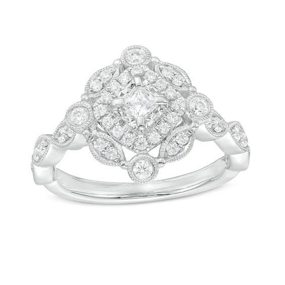 0.50 CT. T.W. Princess-Cut and Round Diamond Vintage-Style Engagement Ring in 10K White Gold