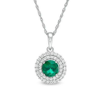 6.5mm Lab-Created Emerald and White Sapphire Double Frame Drop Pendant in Sterling Silver