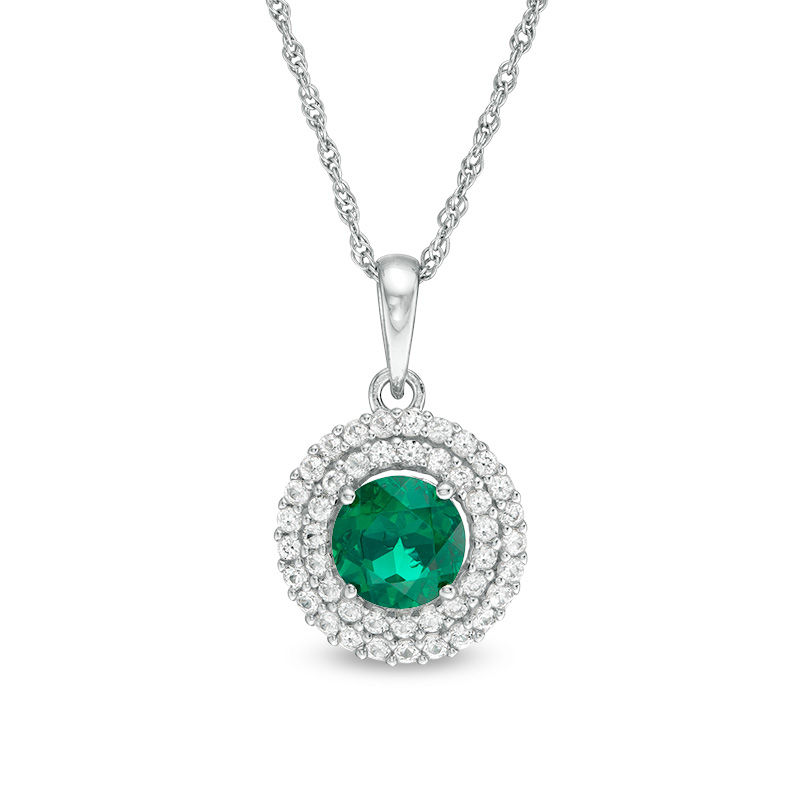 6.5mm Lab-Created Emerald and White Sapphire Double Frame Drop Pendant in Sterling Silver|Peoples Jewellers