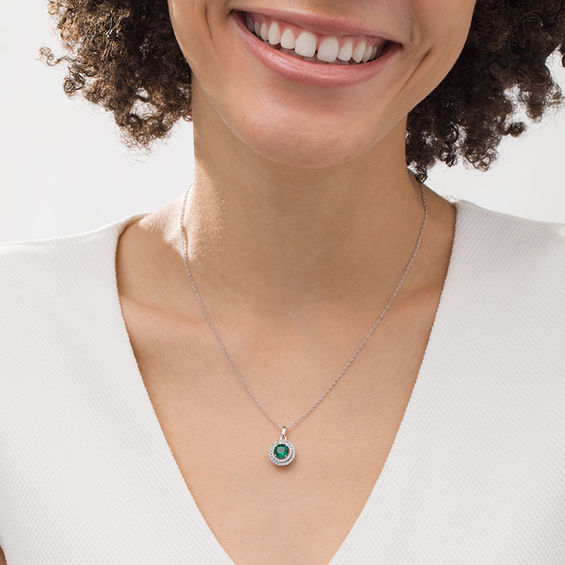 6.5mm Lab-Created Emerald and White Sapphire Double Frame Drop Pendant in Sterling Silver