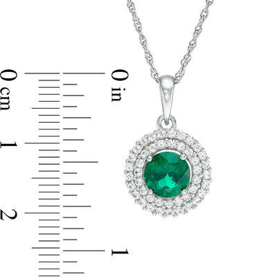 6.5mm Lab-Created Emerald and White Sapphire Double Frame Drop Pendant in Sterling Silver