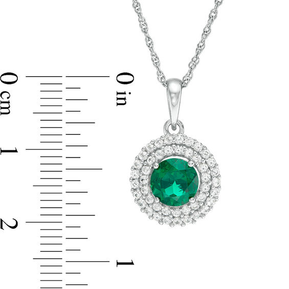 6.5mm Lab-Created Emerald and White Sapphire Double Frame Drop Pendant in Sterling Silver