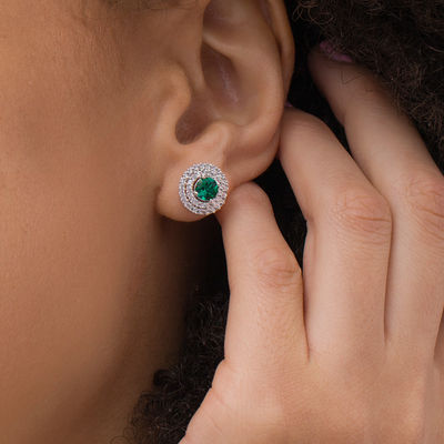 5.0mm Lab-Created Emerald and White Sapphire Double Frame Stud Earrings in Sterling Silver