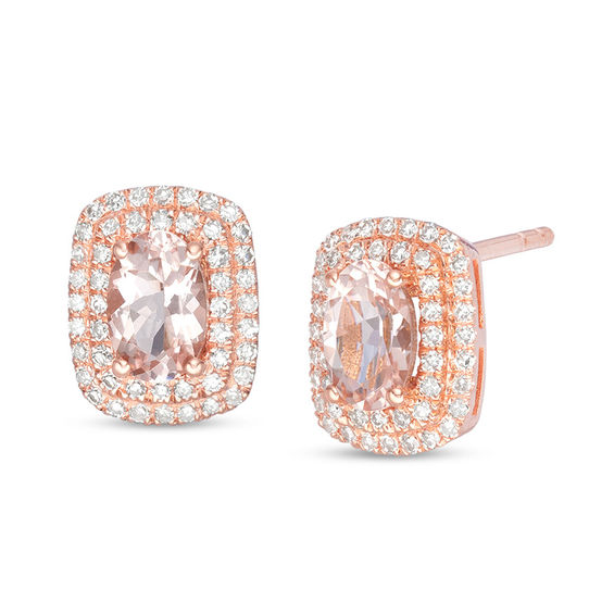 Oval Morganite and 0.23 CT. T.W. Diamond Double Cushion Frame Stud Earrings in 10K Rose Gold