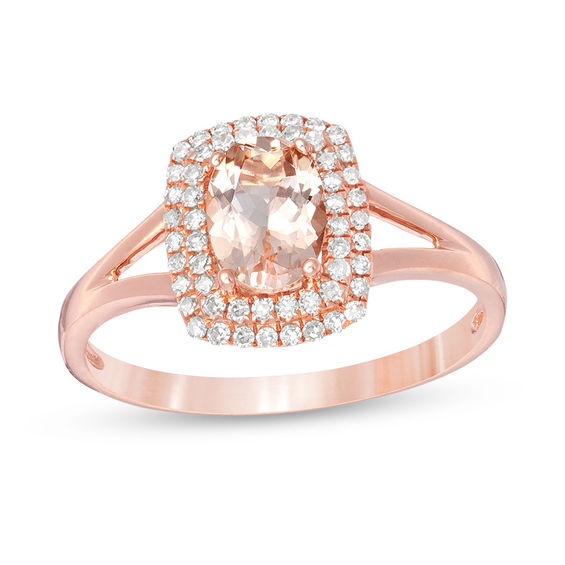 Oval Morganite and 0.15 CT. T.W. Diamond Double Cushion Frame Split Shank Ring in 10K Rose Gold