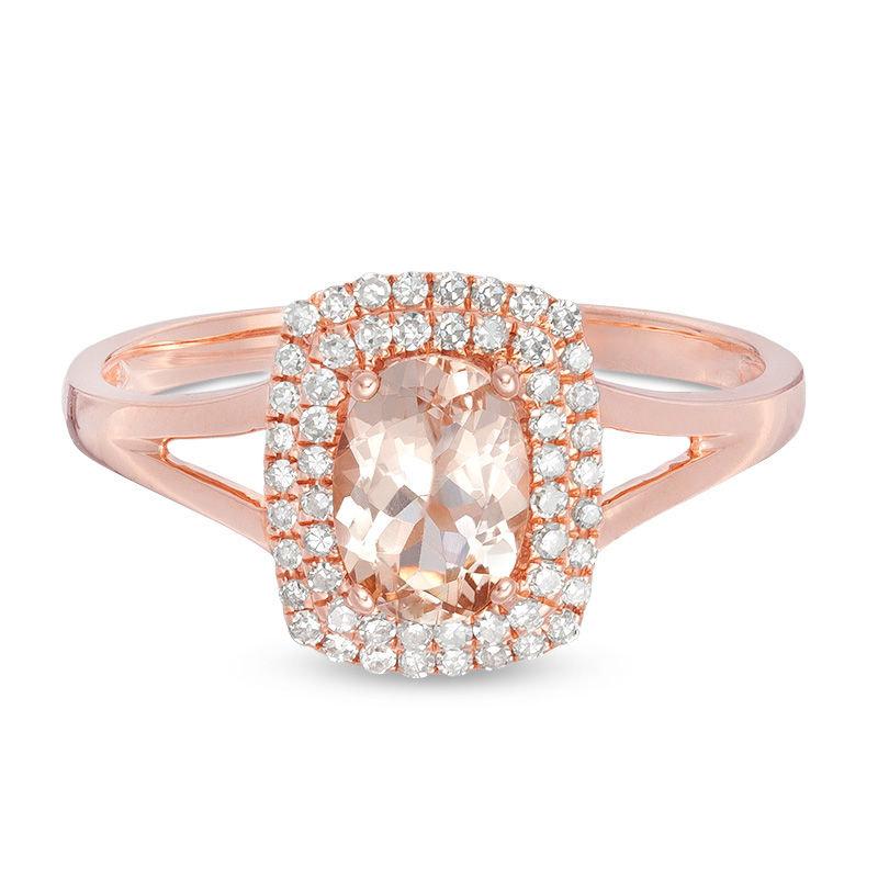 Main Image 4 of Oval Morganite and 0.15 CT. T.W. Diamond Double Cushion Frame Split Shank Ring in 10K Rose Gold