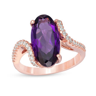 Elongated Oval Amethyst and 0.32 CT. T.W. Diamond Swirl Shank Ring in 10K Rose Gold