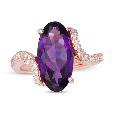 Elongated Oval Amethyst and 0.32 CT. T.W. Diamond Swirl Shank Ring in 10K Rose Gold