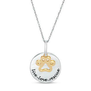 Outline Paw Print Charm and "live love rescue" Disc Pendant in Sterling Silver and 10K Gold