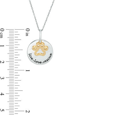 Outline Paw Print Charm and "live love rescue" Disc Pendant in Sterling Silver and 10K Gold