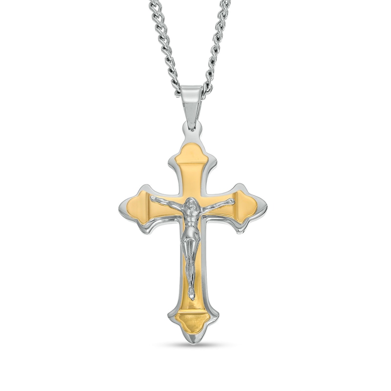 Crucifix Pendant in Stainless Steel with Yellow Ion-Plate – 24"