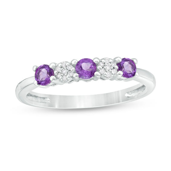 3.0mm Amethyst and 0.04 CT. T.W. Composite Diamond Five Stone Alternating Stackable Band in 10K White Gold