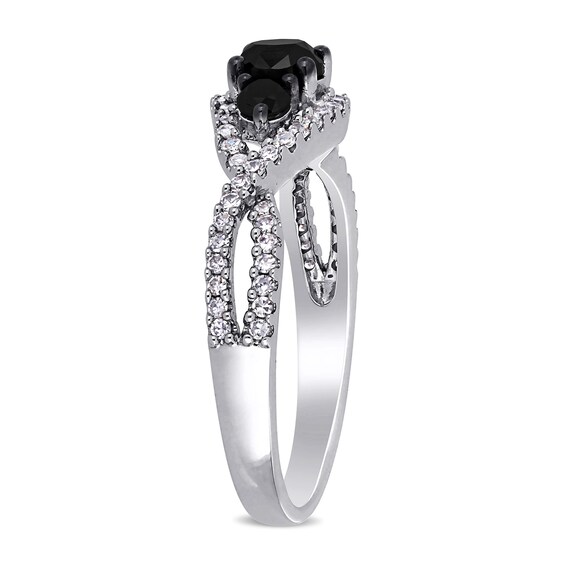 0.99 CT. T.W. Enhanced Black and White Diamond Three Stone Twist Engagement Ring in 14K White Gold