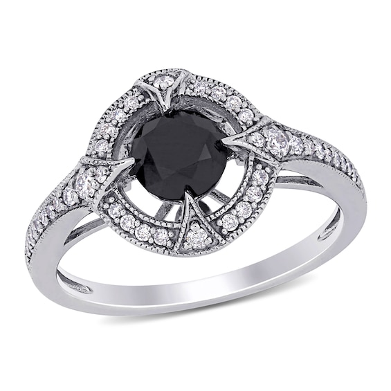 1.21 CT. T.W. Enhanced Black and White Diamond Frame Vintage-Style Engagement Ring in 14K White Gold