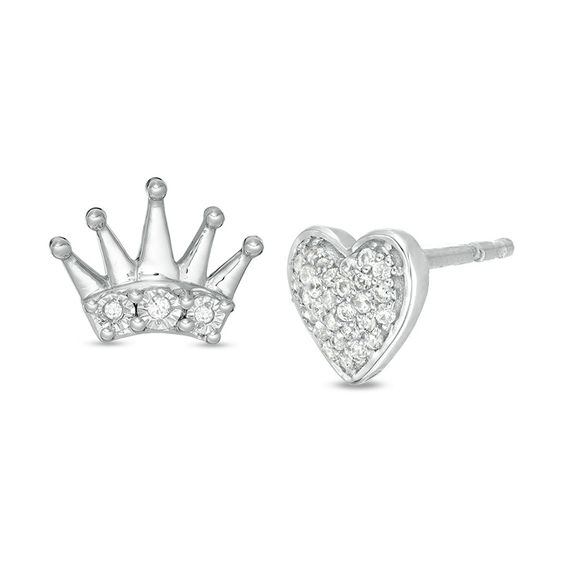 0.065 CT. T.W. Diamond Heart and Crown Mismatch Stud Earrings in Sterling Silver