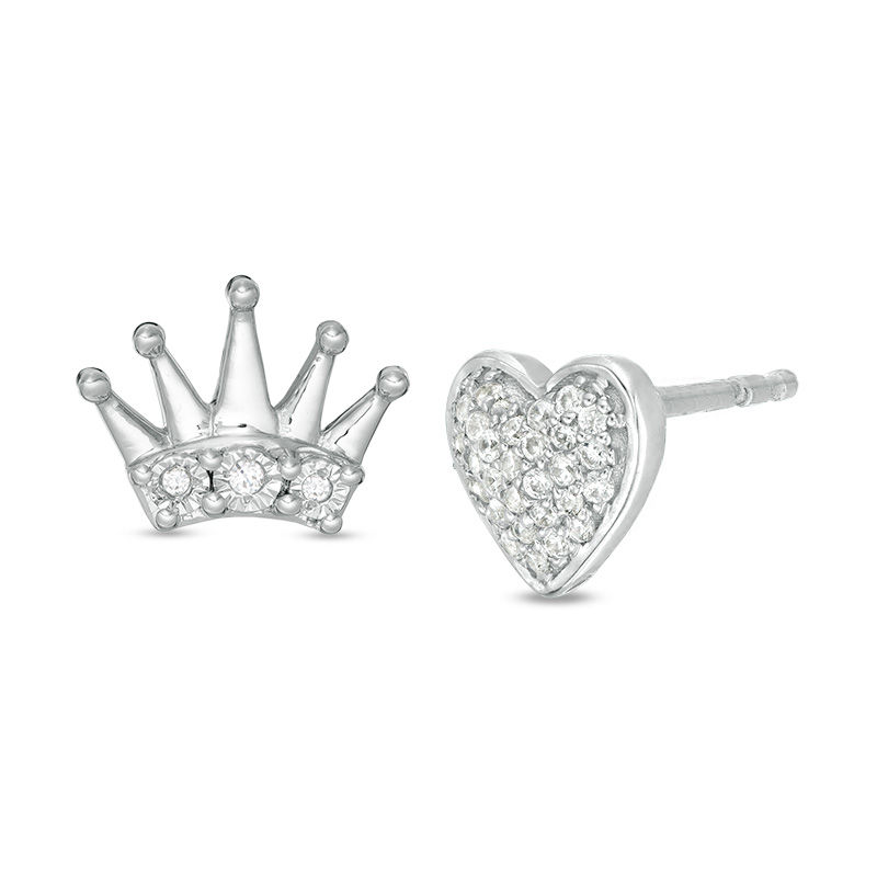 0.065 CT. T.W. Diamond Heart and Crown Mismatch Stud Earrings in Sterling Silver|Peoples Jewellers