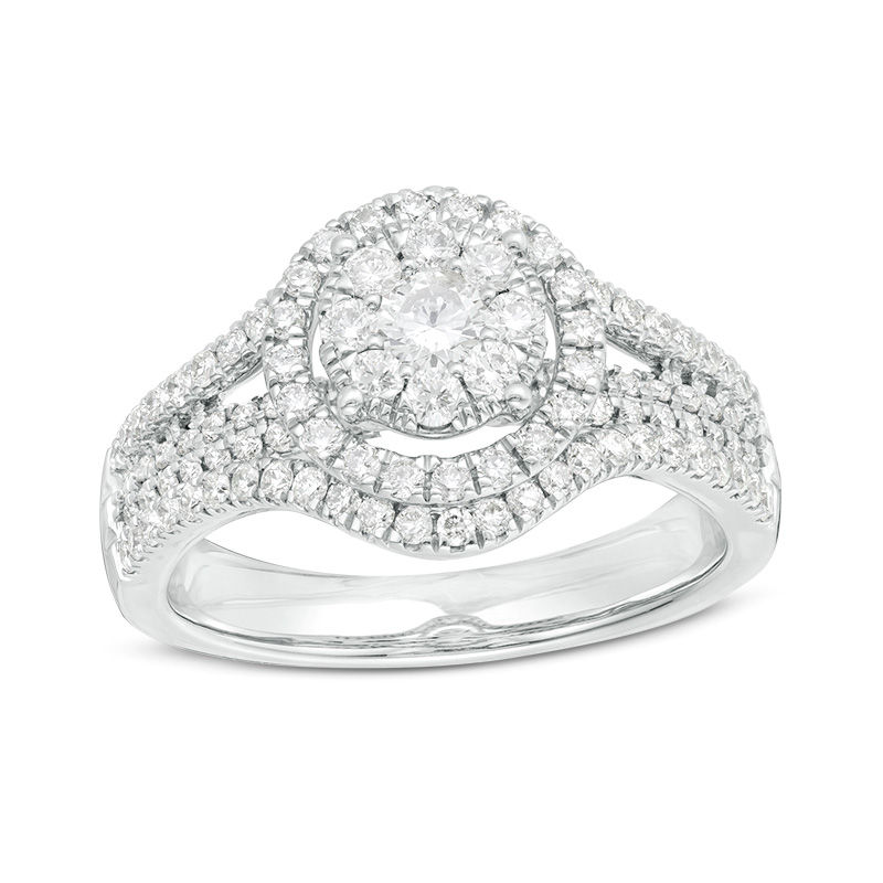 1.00 CT. T.W. Composite Diamond Double Frame Split Shank Engagement Ring in 14K White Gold|Peoples Jewellers