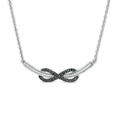 0.29 CT. T.W. Enhanced Black and White Diamond Sideways Infinity Curved Bar Necklace in Sterling Silver - 16.75"