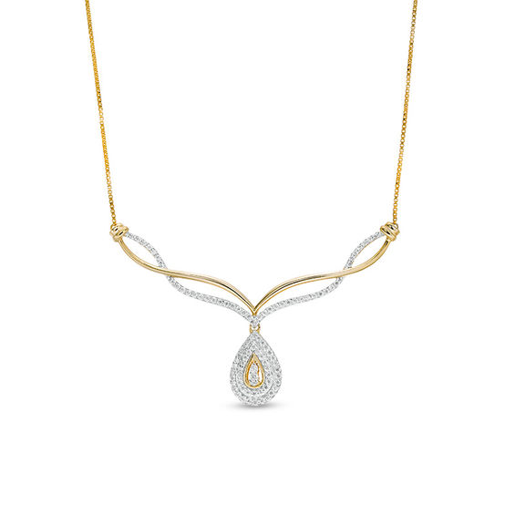 0.29 CT. T.W. Diamond Twist Chevron with Teardrop Necklace in 10K Gold - 16.75"