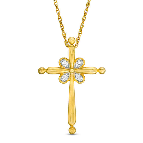 0.04 CT. T.W. Diamond Flower Cross Pendant in 10K Gold