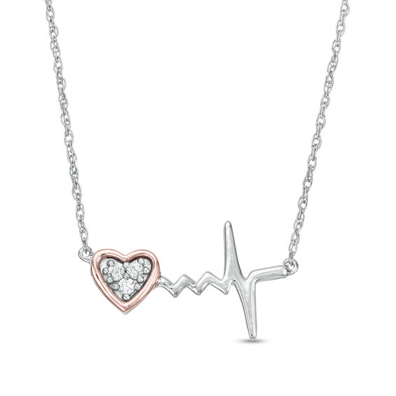 0.04 CT. T.W. Diamond Heart and Heartbeat Necklace in Sterling Silver and 10K Rose Gold