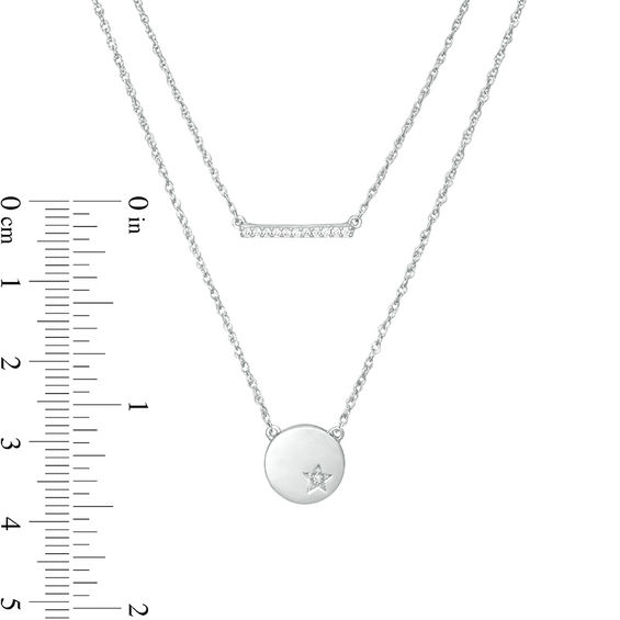 0.065 CT. T.W. Diamond Bar and Disc with Star Double Strand Necklace in Sterling Silver - 20"