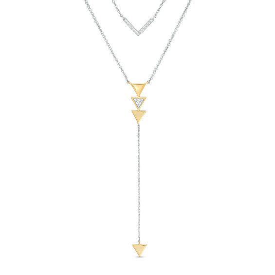 0.115 CT. T.W. Diamond Chevron and Triangle Double Strand "Y" Necklace in Sterling Silver and 10K Gold - 21.5"