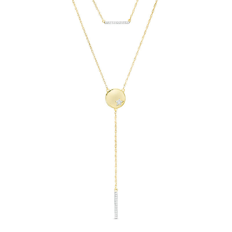 0.085 CT. T.W. Diamond Bar and Disc with Star Double Strand Necklace in 10K Gold - 22"|Peoples Jewellers