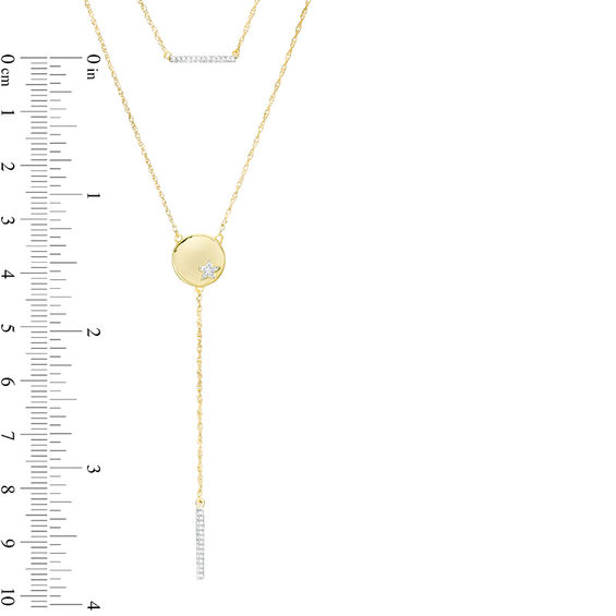 0.085 CT. T.W. Diamond Bar and Disc with Star Double Strand Necklace in 10K Gold - 22"