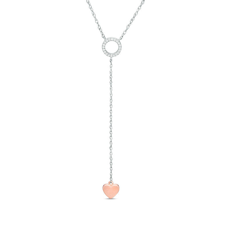 0.066 CT. T.W. Diamond Circle Outline and Heart "Y" Necklace in Sterling Silver and 10K Rose Gold - 20"|Peoples Jewellers
