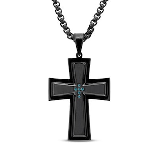 Men's 0.05 CT. T.W. Enhanced Blue Diamond Cross Pendant in Black IP Stainless Steel - 24"