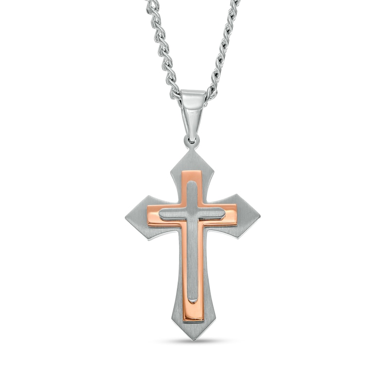 Men's Layered Cross Pendant in Stainless Steel with Rose Ion-Plate – 24"