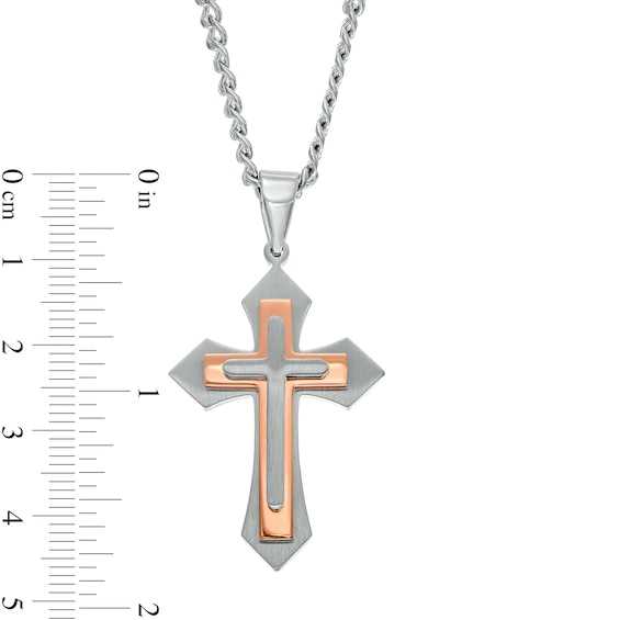 Men's Layered Cross Pendant in Stainless Steel with Rose Ion-Plate – 24"