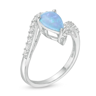 Pear-Shaped Lab-Created Blue Opal and White Sapphire Bypass Ring in Sterling Silver