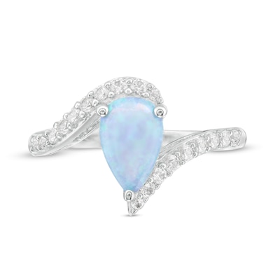 Pear-Shaped Lab-Created Blue Opal and White Sapphire Bypass Ring in Sterling Silver