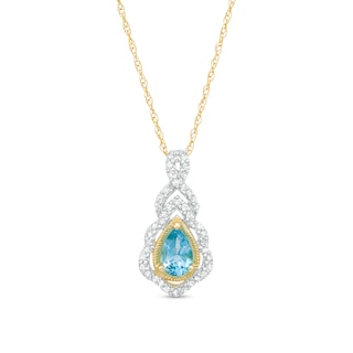 Pear-Shaped Swiss Blue Topaz and 0.15 CT. T.W. Diamond Scallop Frame Ornate Pendant in 10K Gold