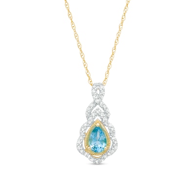 Pear-Shaped Swiss Blue Topaz and 0.15 CT. T.W. Diamond Scallop Frame Ornate Pendant in 10K Gold