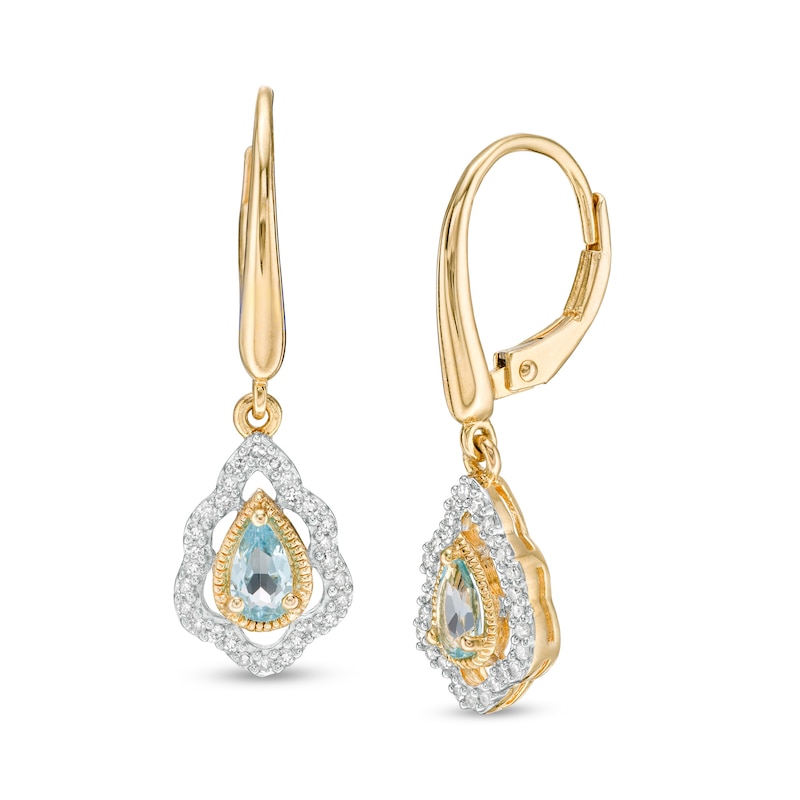 Main Image 1 of Pear-Shaped Swiss Blue Topaz and 0.18 CT. T.W. Diamond Scallop Frame Ornate Drop Earrings in 10K Gold