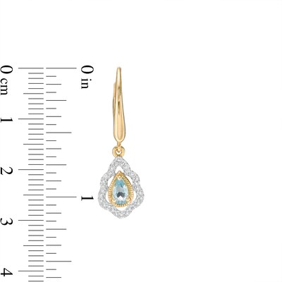 Pear-Shaped Swiss Blue Topaz and 0.18 CT. T.W. Diamond Scallop Frame Ornate Drop Earrings in 10K Gold