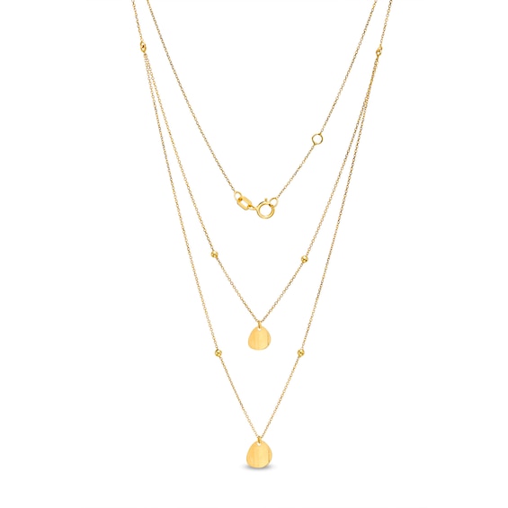 Italian Gold Flower Petal Off-Set Bead Station Double Strand Necklace in 14K Gold - 16.5"