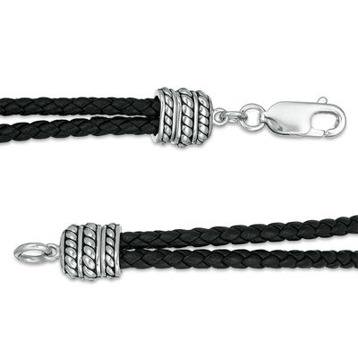 EFFY™ Collection Men's Rectangle Onyx Bar Rope Frame Panther Accent Looping Black Leather Bracelet in Sterling Silver